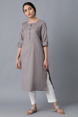 W Women Solid Straight Kurta(Grey)