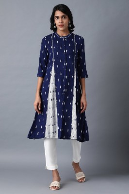 W Women Geometric Print Flared Kurta(Blue)