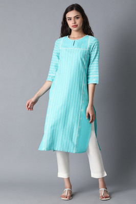 W Women Striped Straight Kurta(Blue)