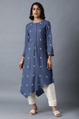 W Women Embroidered Flared Kurta(Blue)