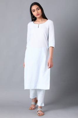 W Women Striped Straight Kurta(White)