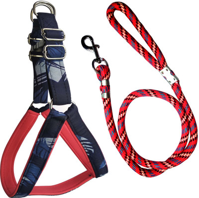 BODY BUILDING Dog Belt Combo of Blue Military Padded Dog Body Harness with Red Lead 1.5m Lengthy Dog Harness & Leash(Medium, Multi-color)