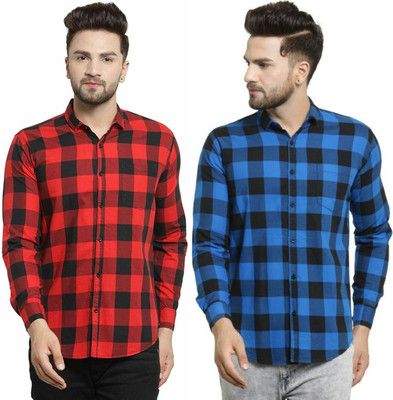 REHAN Men Checkered Casual Red, Blue Shirt(Pack of 2)
