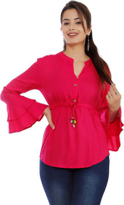 Silkova Casual Flute Sleeve Solid Women Pink Top