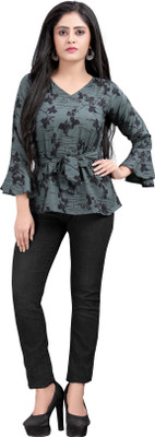 Hiva Trendz Party Bell Sleeve Floral Print Women Green Top