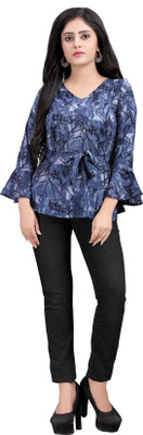 Hiva Trendz Party Bell Sleeve Floral Print Women Blue Top