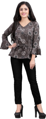 Hiva Trendz Party Bell Sleeve Floral Print Women Grey Top