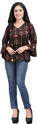 Hiva Trendz Party Bell Sleeve Floral Print Women Brown Top