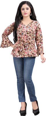 Hiva Trendz Party Bell Sleeve Floral Print Women Beige Top