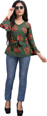 Hiva Trendz Party Bell Sleeve Floral Print Women Green Top