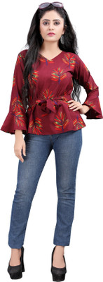 Hiva Trendz Casual Bell Sleeve Printed Women Maroon Top