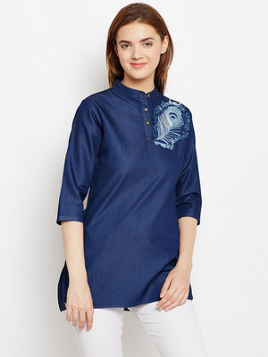 Avyanna Casual 3/4 Sleeve Embroidered Women Blue Top