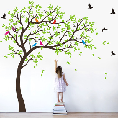 WALL STICKS 200 cm Extra Large Full Wall Tree Colourful Birds Nature Decorative Wall Sticker WS020 Non-Reusable Sticker(Pack of 1)