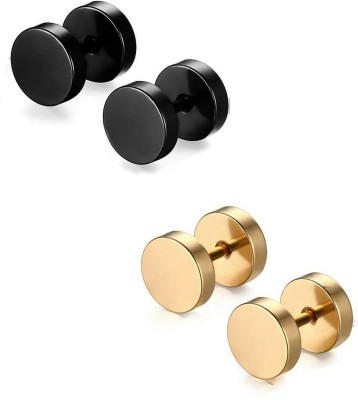 Crazy Fashion Combo of Gold & Black Dumbell Shaped Metal Earings 1 Pair Each for Men/Boys/Girls/Women/Unisex (4 Pcs) Metal Stud Earring