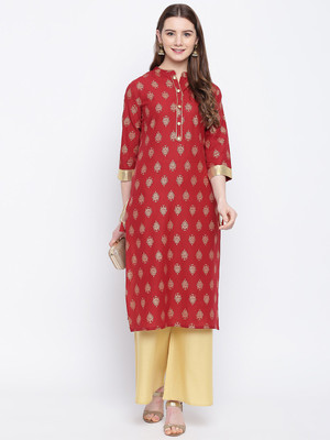 Stylum Women Printed Straight Kurta(Gold, Maroon)