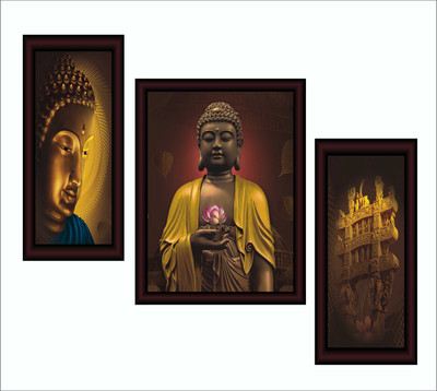 saf Acrylic Glass Set of 3 Royal Cherry Premium Framed Buddha Acrylic 22.5 inch x 13.5 inch Painting(With Frame, Pack of 3)