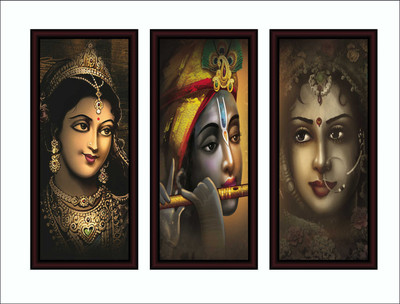 saf Set of 3 Cherry Framed Radha Krishna Digital Reprint 17 inch x 22.5 inch Painting(With Frame, Pack of 3)