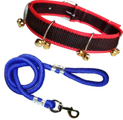 ADIOS Good Quality Dog Belt Combo of Nylon Red Black Ghungroo Collar with Blue Lead 1.5m Lengthy Dog Collar & Leash(Medium, Multi-Color10)