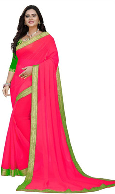 SARETRA MALL Solid/Plain Chanderi Chiffon Saree(Pink)