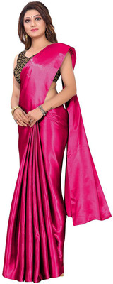 V And V Shop Solid/Plain Bollywood Satin Saree(Pink)