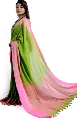 sourav biswas Temple Border, Solid/Plain Tant Pure Cotton Saree(Multicolor)