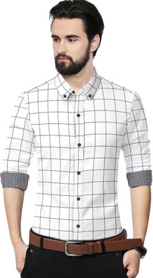 X-MEN Men Checkered Casual White Shirt