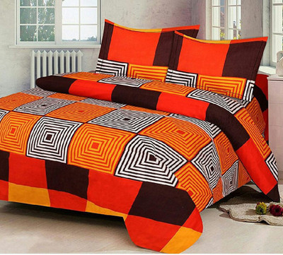 Sai Overseas 240 TC Polyester Double Checkered Flat Bedsheet(Pack of 1, Orange)