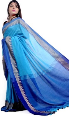 sourav biswas Temple Border, Solid/Plain Tant Pure Cotton Saree(Light Blue, Blue)