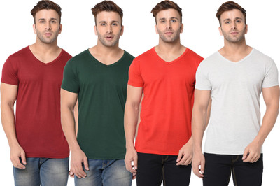 Jangoboy Solid Men V Neck Multicolor T-Shirt