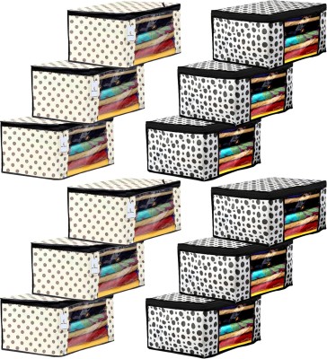KUBER INDUSTRIES Designer Polka Dot Design 12 Piece Non Woven Fabric Saree Cover Set with Transparent Window, Extra Large, Cream & White -CTKTC41003 BLLON041003(Cream & White)