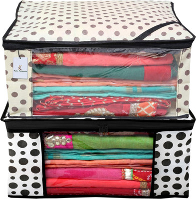 KUBER INDUSTRIES Designer Polka Dot Design 2 Piece Non Woven Fabric Saree Cover Set with Transparent Window, Extra Large, Cream & White -CTKTC40762 040762(Cream & White)