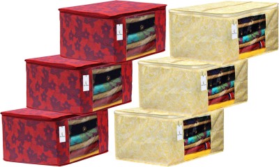 KUBER INDUSTRIES Designer Metalic Printed 6 Piece Non Woven Fabric Saree Cover Set with Transparent Window, Extra Large, Gold & Red -CTKTC40879 BLLON040879(Gold & Red)