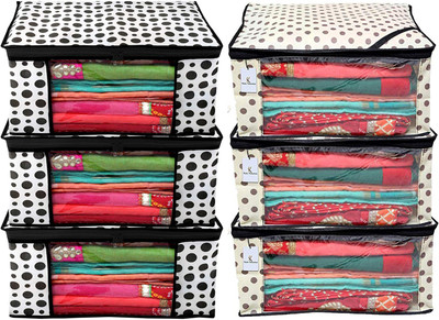 KUBER INDUSTRIES Designer Polka Dot Design 6 Piece Non Woven Fabric Saree Cover Set with Transparent Window, Extra Large, Cream & White -CTKTC40855 BLLON040855(Cream & White)