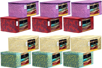 KUBER INDUSTRIES Designer garment cover Metalic Printed 12 Piece Non Woven Fabric Saree Cover Set with Transparent Window, Extra Large, Green & Gold & Red & Pink Purple -CTKTC41035 CTKTC041035(Green & Gold & Red & Pink Purple)