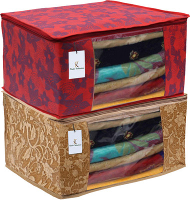 KUBER INDUSTRIES Designer Metalic Printed 2 Piece Non Woven Fabric Saree Cover Set with Transparent Window, Extra Large, Beige & Red -CTKTC40768 CTKTC040768(Beige & Red)