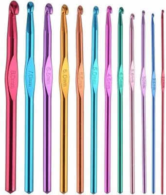 Udhayam Set of 12pcs Multicolor Aluminium Crochet Hook Knitting Needle Set For Sewing Craft Yarn Sweater Woolen Cloth (Size from 2.0mm to 8.0mm)