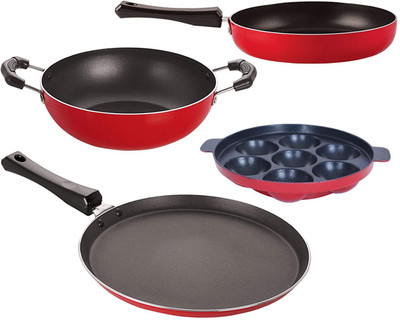 NIRLON Nirlon Non-Stick Premium Quality Aluminium Kitchenware 4 Peices Set, Red Non-Stick Coated Cookware Set(PTFE (Non-stick), Aluminium, 4 - Piece)