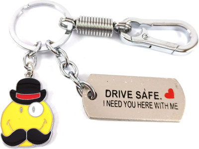 SHOKY LOOKS Silver Locking hook Drive Safe I Need You Here with Me metal with mustache smiley Key Chain