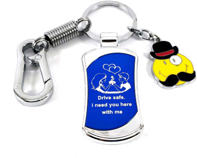 SHOKY LOOKS Silver Locking hook Drive Safe I Need You Here with Me Blue with Mustache smiley Key Chain