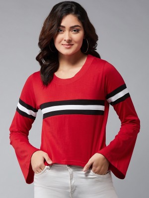 THE DRY STATE Casual Bell Sleeve Striped Women Red Top