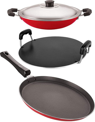 NIRLON Nirlon Non-Stick Odor Free 3 Piece Gas Compatible Cookware Utensil Combo Gift Set with Bakelite Handle, Red and Black Color Non-Stick Coated Cookware Set(PTFE (Non-stick), Aluminium, 3 - Piece)