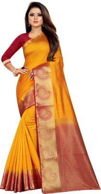 ZUUL Self Design Kanjivaram Silk Blend Saree(Orange)