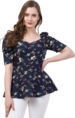 ZUVINO Casual Juliet Sleeve Printed Women Blue Top
