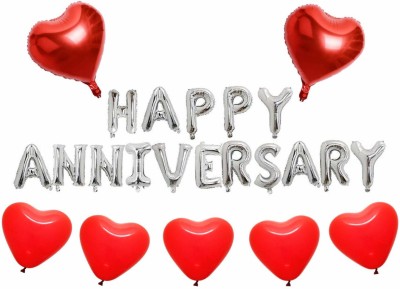 GrandShop Solid Happy Anniversary Letter with Aluminium Foil and Latex Heart Shape Balloon(Red, Silver, Pack of 30)