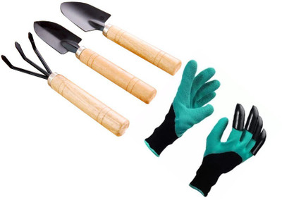 Mopslik 4 Pc Garden Tool Kit Toolkit / Set With Hand Gloves Rake Shovel and Spade Garden Tool Kit(4 Tools)