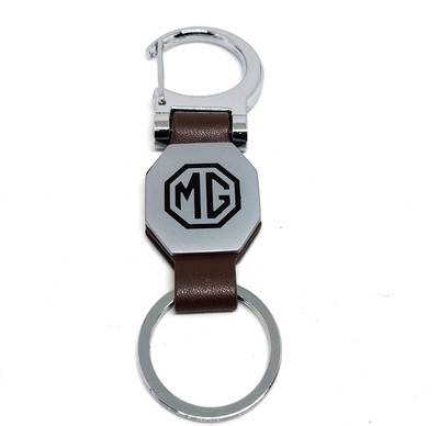 MG Hector Imported Dark Brown Leather & Steel Finish Metal Locking High Quality Keychain Key Chain
