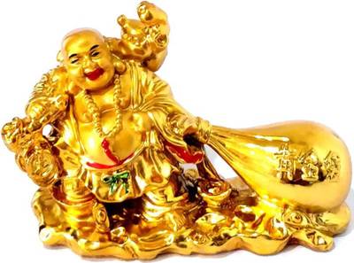 VIRSAA Exclusive Feng Shui Lucky Laughing Buddha pulling big Potli, medium size statue , Happy Man for Good Luck, Wealth, Prosperity at Home, Office Decorative Showpiece Decorative Showpiece  -  7.5 cm  (Polyresin, Gold)