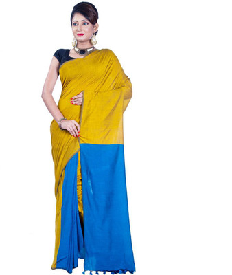 sourav biswas Color Block Handloom Cotton Silk Saree(Blue, Yellow)