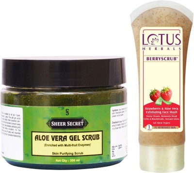 Sheer Secret Aloevera Gel Scrub 300ml and Lotus Berry Scrub Strawberry & Aloe Vera Exfoliating Face Wash 120ml(2 Items in the set)
