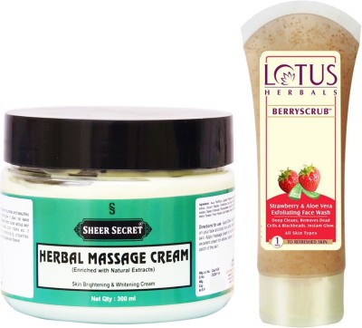 Sheer Secret Herbal Massage Cream 300ml and Lotus Berry Scrub Strawberry & Aloe Vera Exfoliating Face Wash 120ml(2 Items in the set)